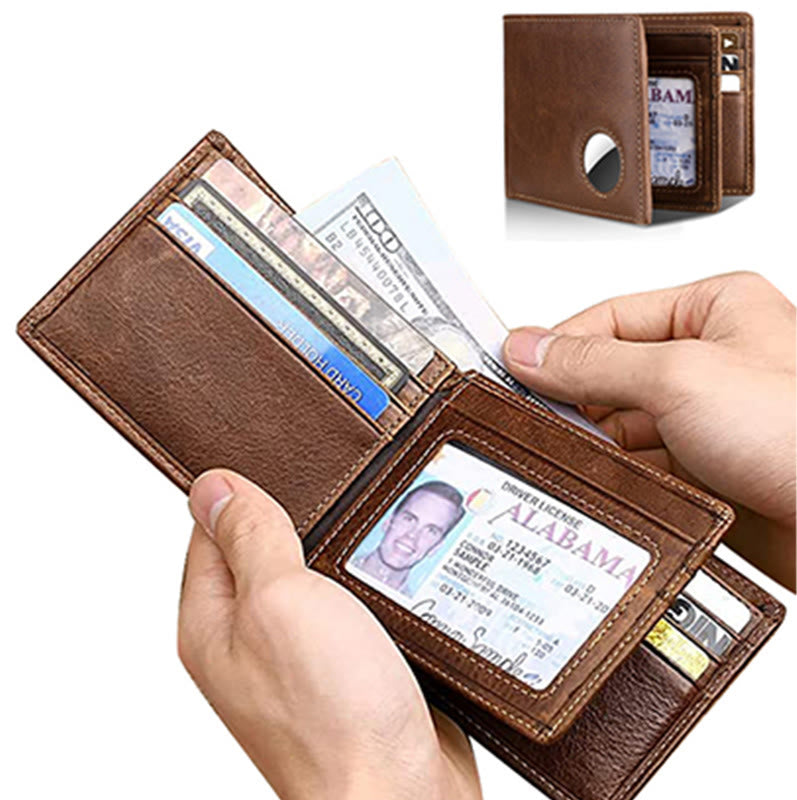 Airtag Real Leather Wallet Cowhide Leather RFID Trifold Wallet