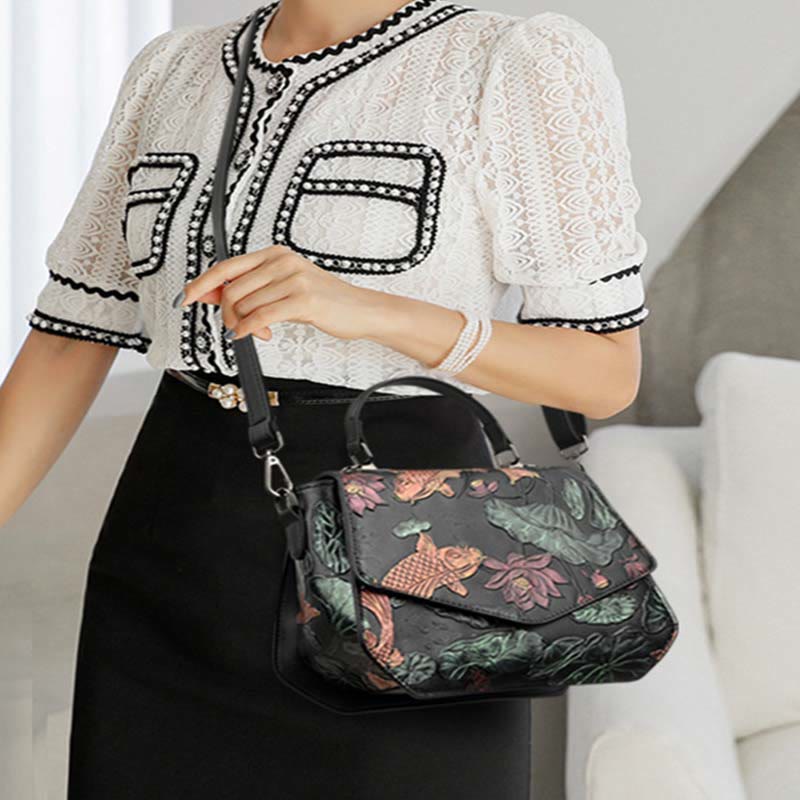 Top-Handle Bag for Women Large Capacity Ethnic Embossed Shoulder Bag