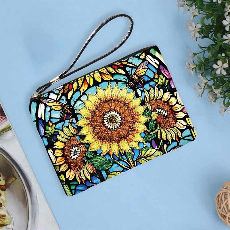 Diamond Coin Purse Zip Wallet DIY Sunflowers Diamond Wristlet Bag