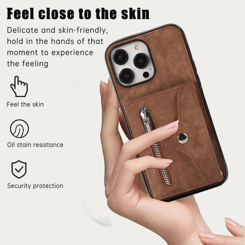 iPhone 15/14/13/12 Casual Zipper Cellphone Protective Case with Card Slot