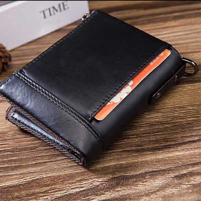 RFID Blocking Double Zip Genuine Leather Retro Wallet