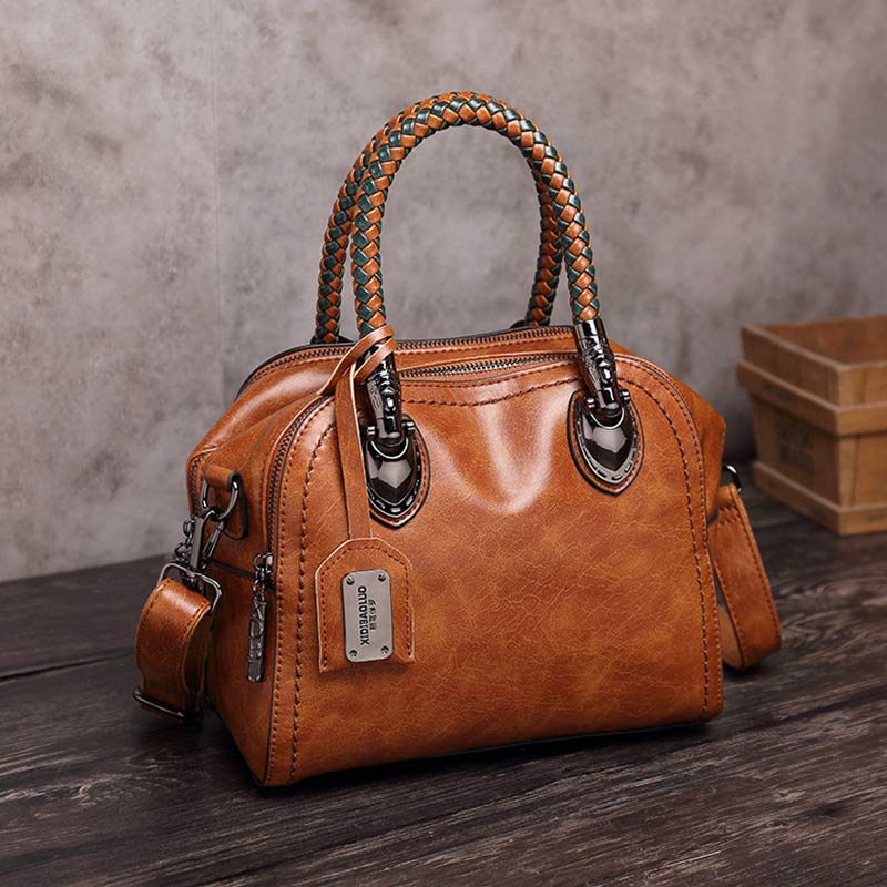 Vintage Leather Satchel Handbags Top-Handle Bag with Cross Body Strap