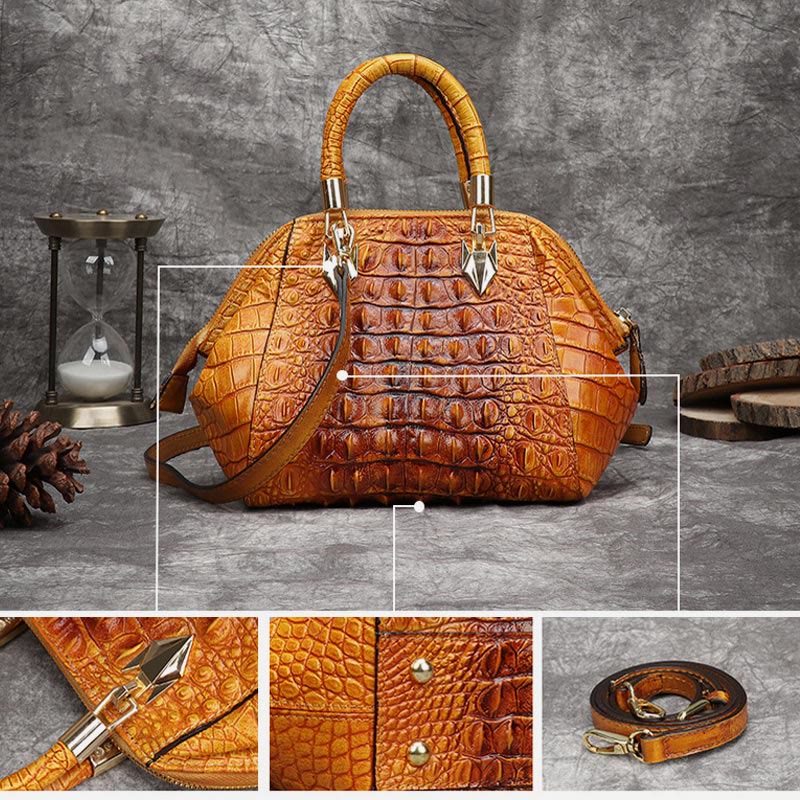 Genuine Leather Alligator Print Handbag Top-Handle Satchel with Crossbody Strap