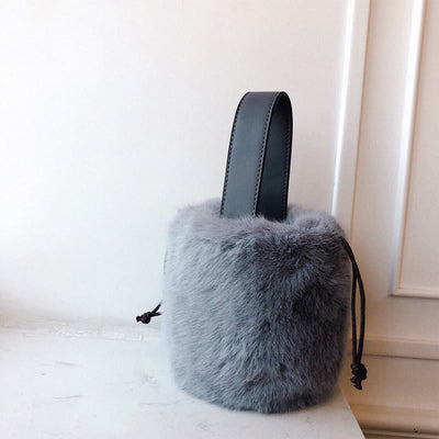 Drawstring Handbag For Women Faux Fur Minimalist Bucket Bag