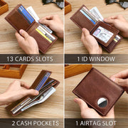Airtag Real Leather Wallet Cowhide Leather RFID Trifold Wallet