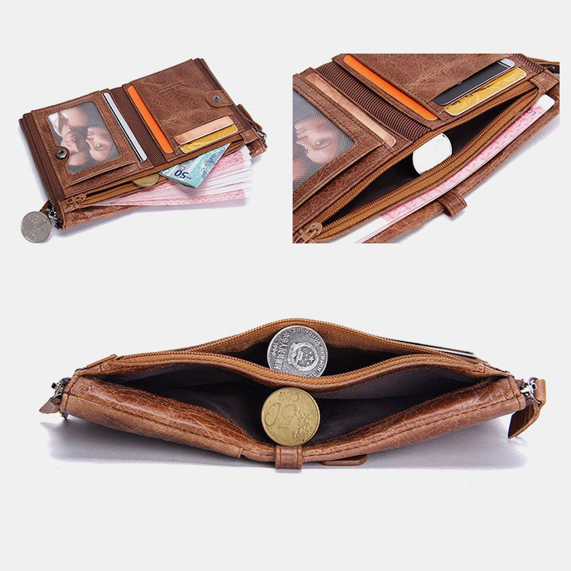 Multifunctional Genuine Leather Double Zipper Wallet