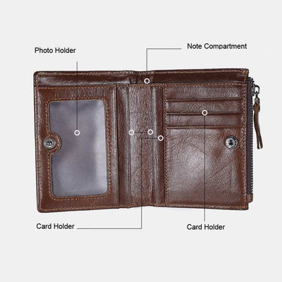 Men's Genuine Leather Bifold Wallet with Card Holder Double Zipper Pocket