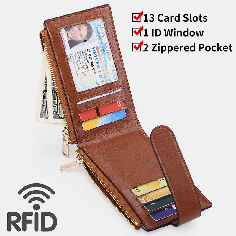 Genuine Leather Bifold Zip Airtag Wallet Apple Wallet RFID Blocking Card Holder