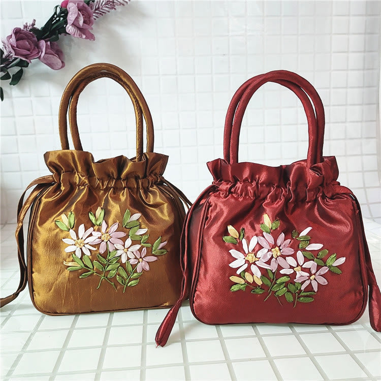 Embroidery Floral Clutch Drawstring Bucket Bag Handbag Party Bag