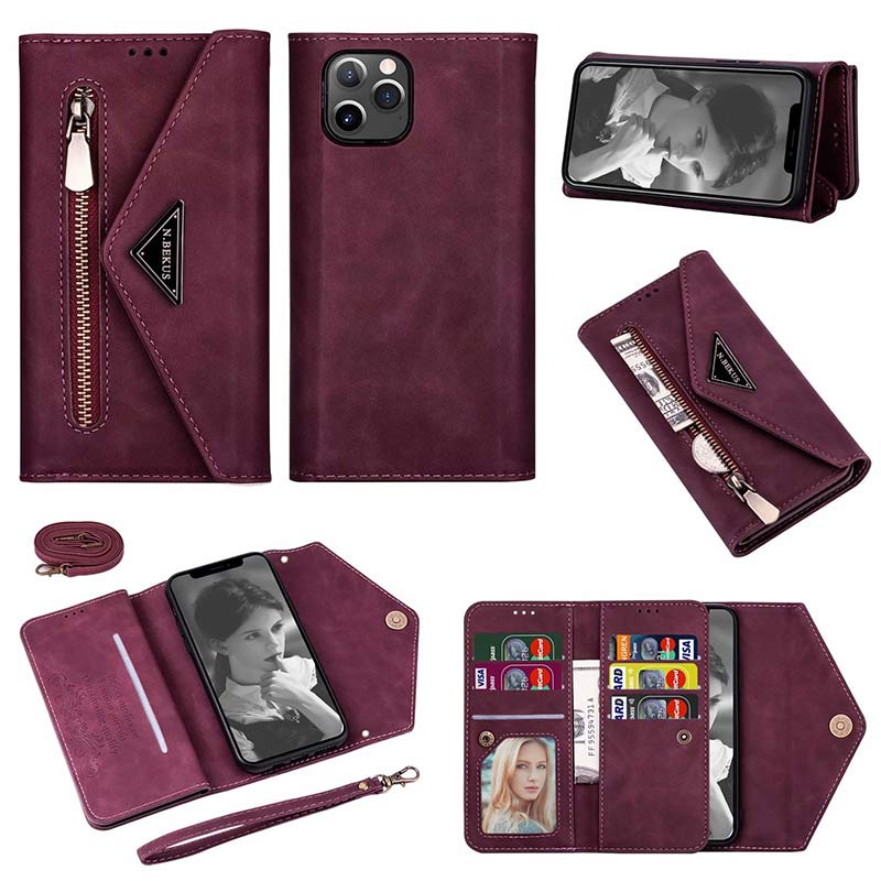 Zipper Leather Wallet Case Phone Cover with Shoulder Strap for iPhone