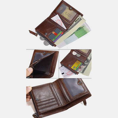 Men's Genuine Leather Bifold Wallet with Card Holder Double Zipper Pocket