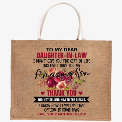 Floral Print Burlap Tote Bags Gift for Daughter-In-Law Large Travel Shopping Shoulder Bag