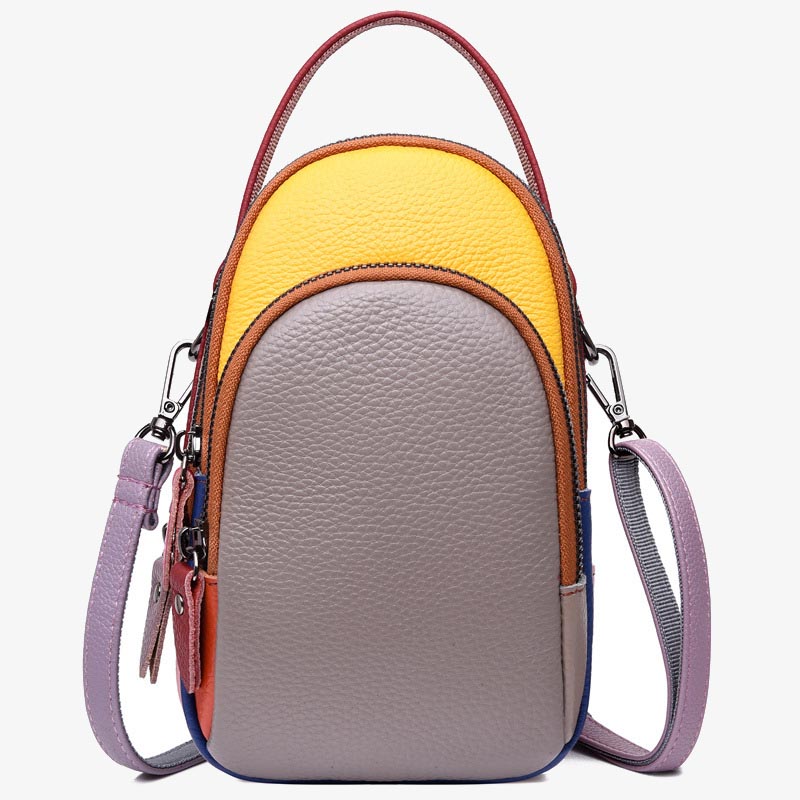 Color Matching Phone Bag Genuine Leather Crossbody Purse For Women