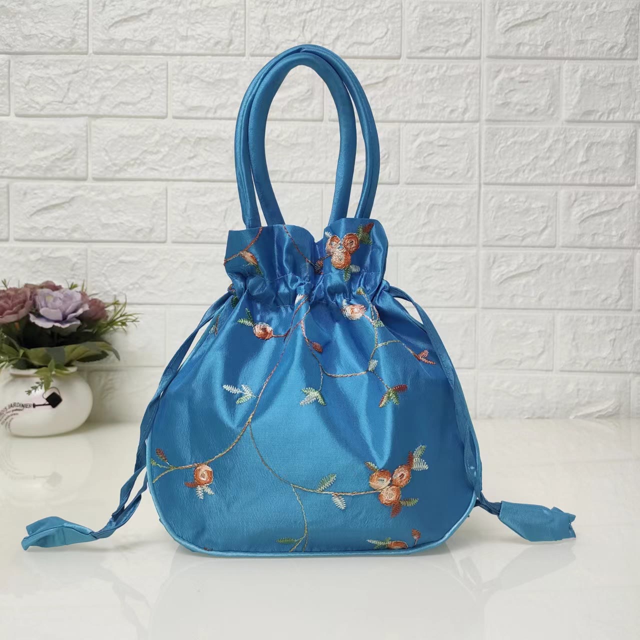 Embroidery Floral Clutch Drawstring Bucket Bag Handbag Party Bag