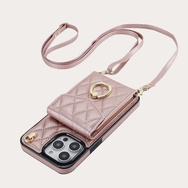 Phone Wallet Case For iPhone 13/14/15 Functional Quilted Crossbody Phone Case