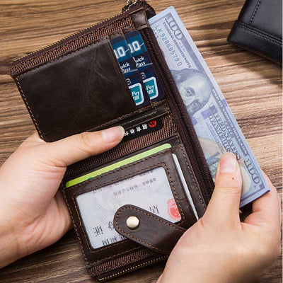 RFID Blocking Double Zip Genuine Leather Retro Wallet