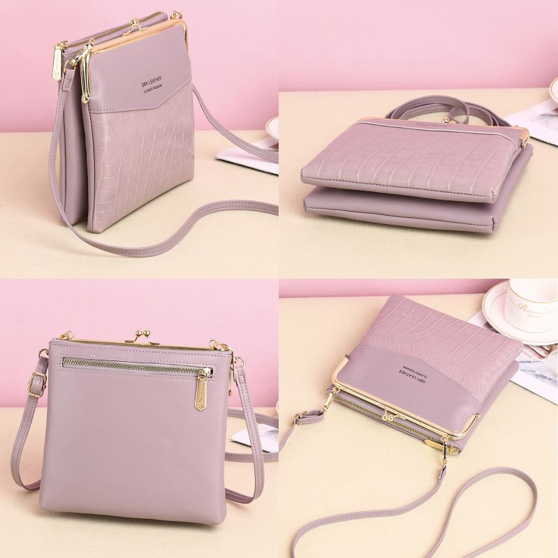 Leather Crossbody Handbag for Women Double Compartment Kiss Lock Shoulder Bag