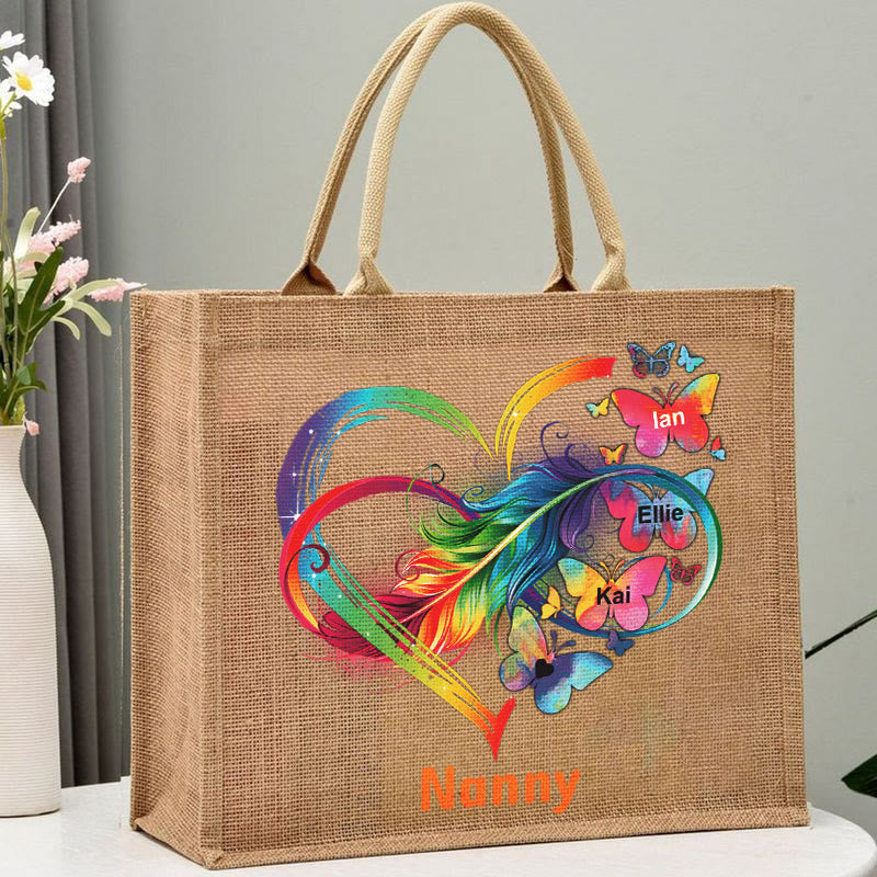 Custom Sweet Heart Butterflies Tote Multifunction Durable Jute Purses Shopping Beach Handbags