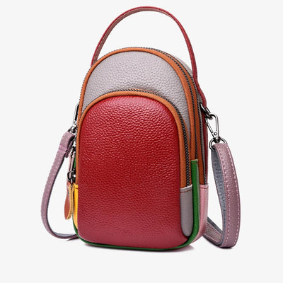 Color Matching Phone Bag Genuine Leather Crossbody Purse For Women