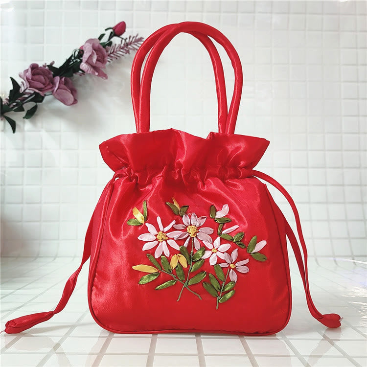 Embroidery Floral Clutch Drawstring Bucket Bag Handbag Party Bag