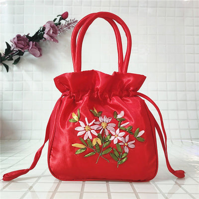 Embroidery Floral Clutch Drawstring Bucket Bag Handbag Party Bag