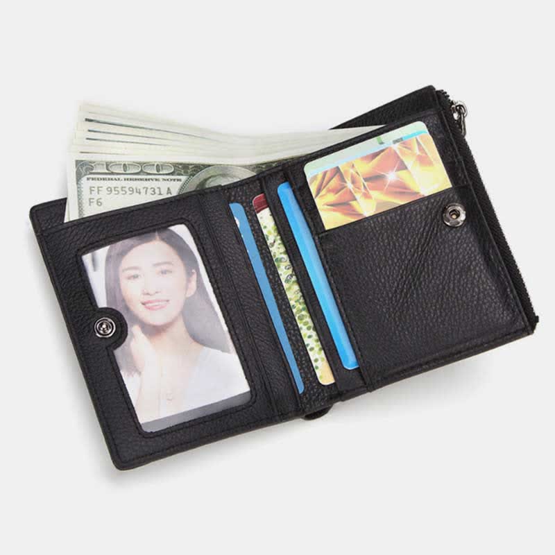 Men's Genuine Leather Bifold Wallet with Card Holder Double Zipper Pocket