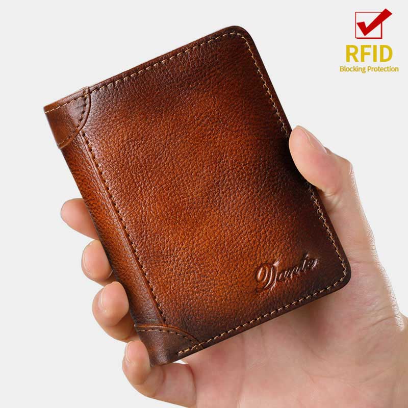 RFID Genuine Leather Vintage Trifold / Bifold Card Holder Wallet