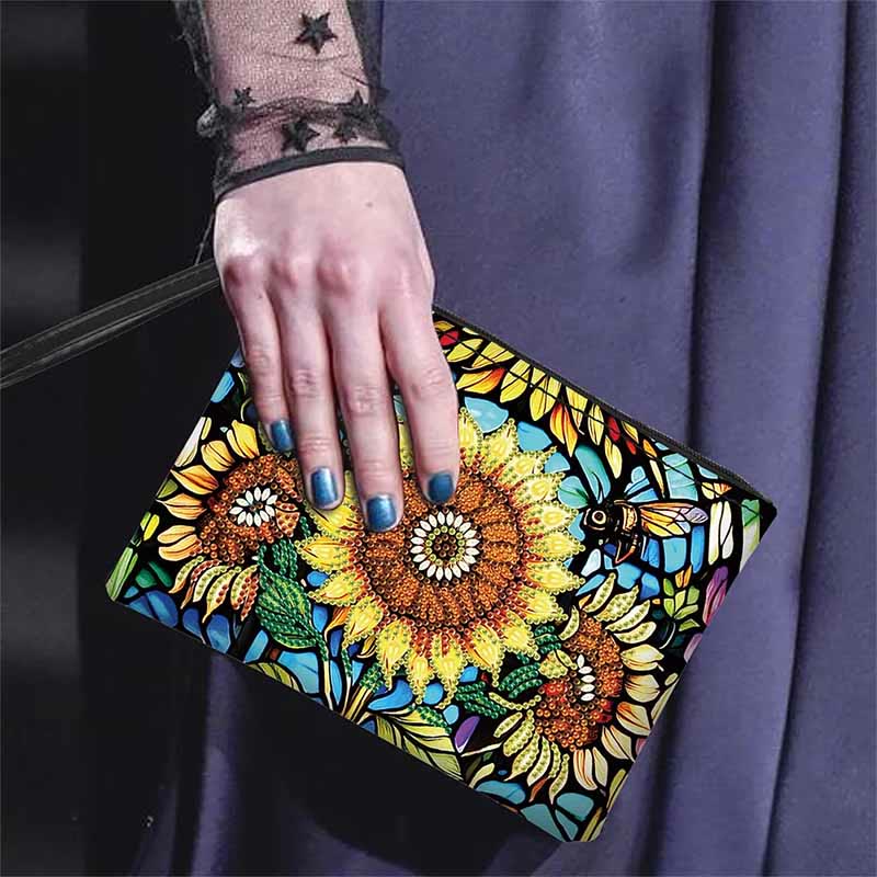 Diamond Coin Purse Zip Wallet DIY Sunflowers Diamond Wristlet Bag