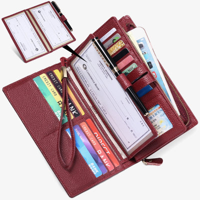 Checkbook Wallet For Women Minimalist Genuine Leather Wrist Bag