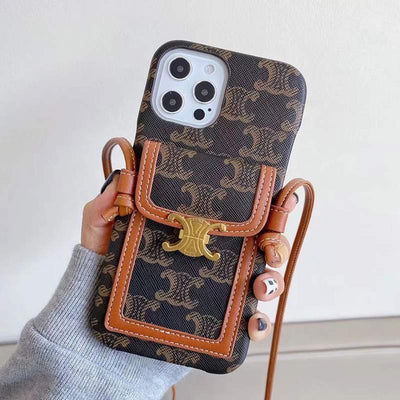 Vintage iPhone Card Holder Case Cell Phone Bag with Neck Strap