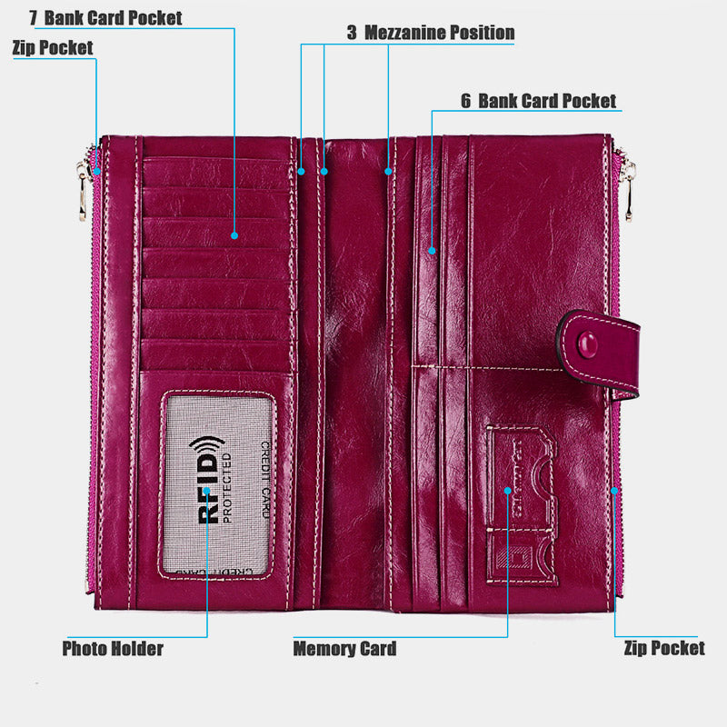 Genuine Leather RFID Blocking Credit Card Holder Bifold Clutch Wallet for Women