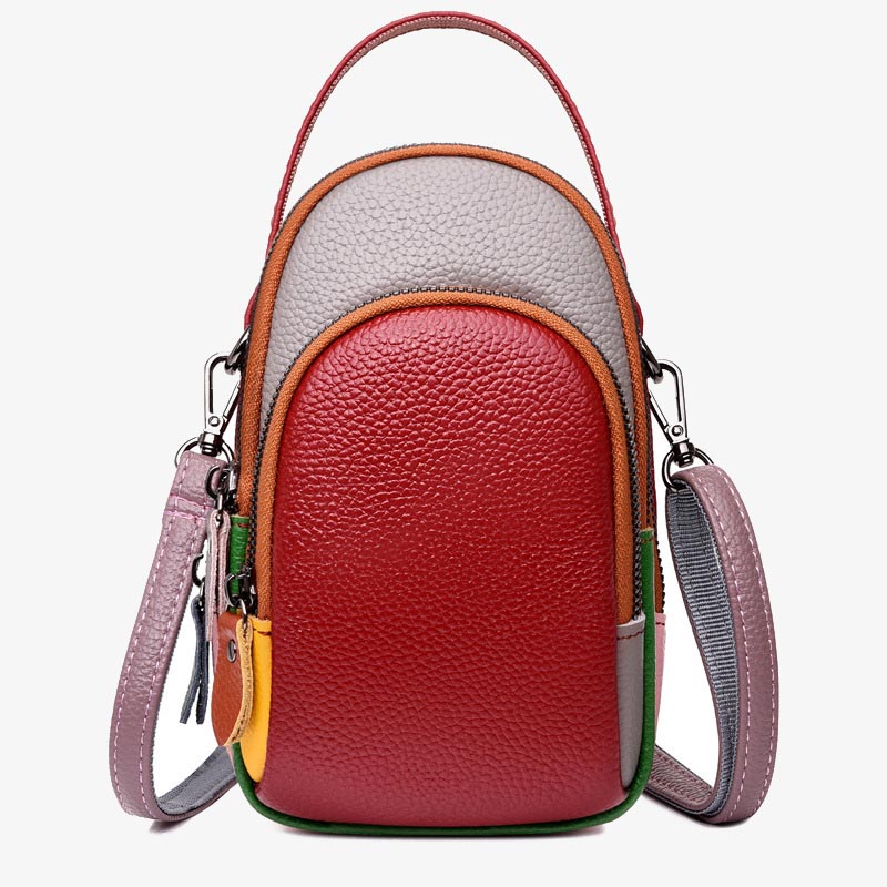 Color Matching Phone Bag Genuine Leather Crossbody Purse For Women