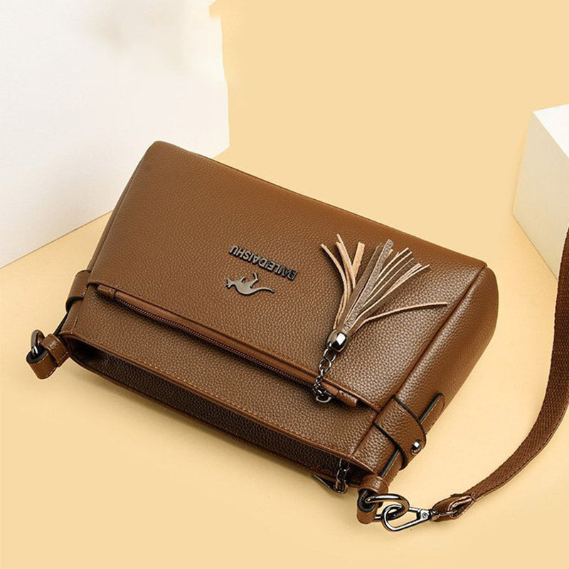 Genuine Leather Crossbody Purse for Women Small Tassel Crossover Shoulder Bag