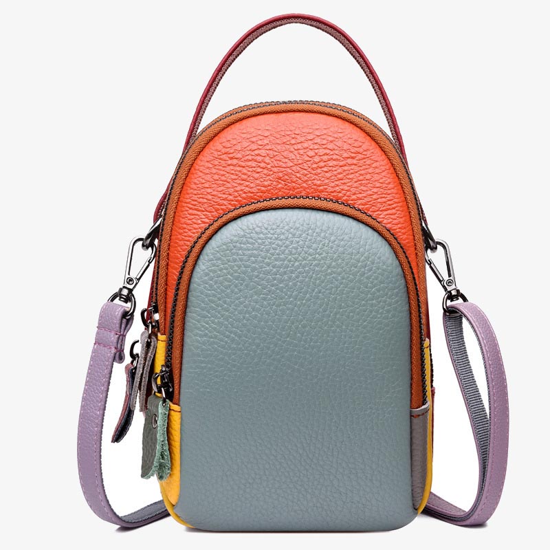 Color Matching Phone Bag Genuine Leather Crossbody Purse For Women