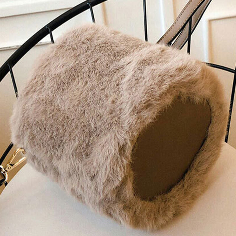 Drawstring Handbag For Women Faux Fur Minimalist Bucket Bag