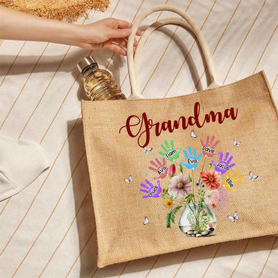 Personalized Handprint Name Jute Tote Bag Large Shopping Travel Beach Handbag