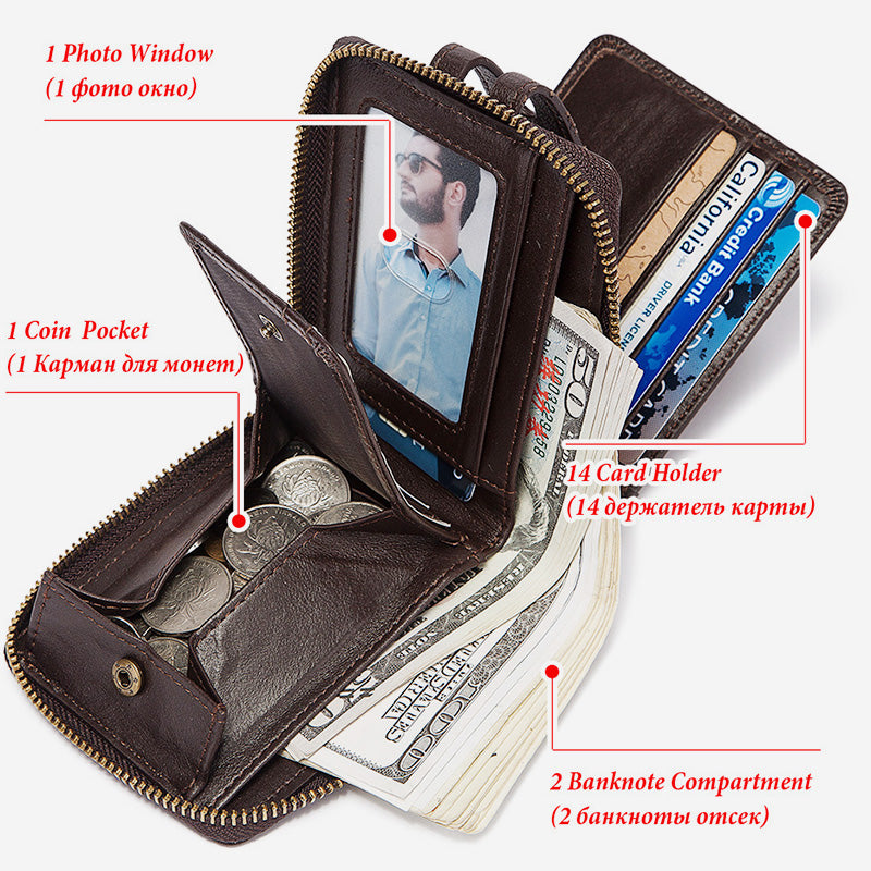 Genuine Leather RFID Blocking Trifold Zip Around Wallet