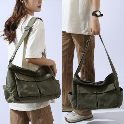 Multi-Pocket Canvas Crossbody Bag For Women Retro Lightweight Shoulder Bag