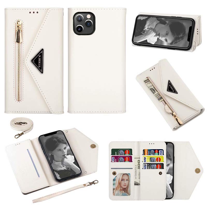 Zipper Leather Wallet Case Phone Cover with Shoulder Strap for iPhone