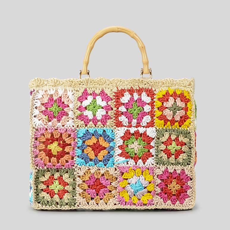 Knitted Floral Patchwork Tote Bamboo Handle Handbag