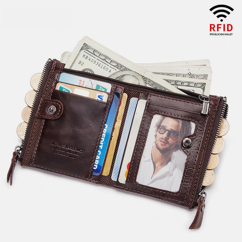 Vintage Genuine Leather RFID Wallet With Zipper Pocket