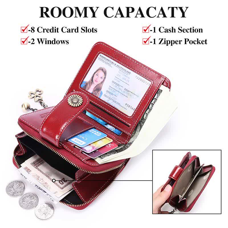 RFID Blocking Compact Bifold Leather Wallet with Detachable Card Holder