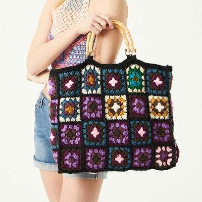 Knitted Floral Patchwork Tote Bamboo Handle Handbag