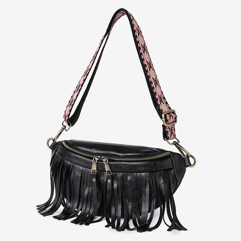 Faux Leather Tassel Waist Bag Chest Bag For Women