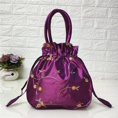 Embroidery Floral Clutch Drawstring Bucket Bag Handbag Party Bag