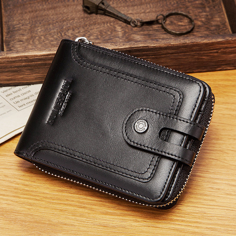 Genuine Leather RFID Blocking Trifold Zip Around Wallet