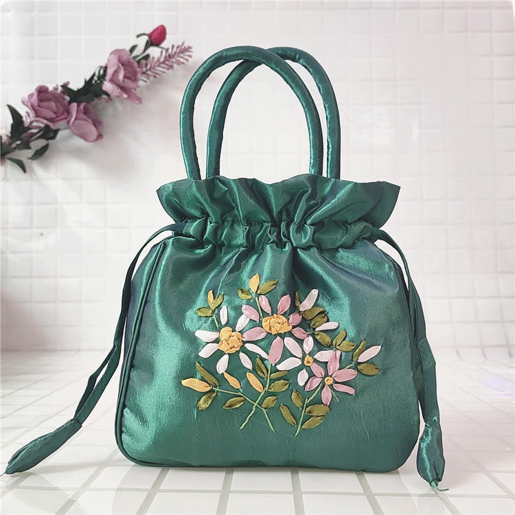 Embroidery Floral Clutch Drawstring Bucket Bag Handbag Party Bag