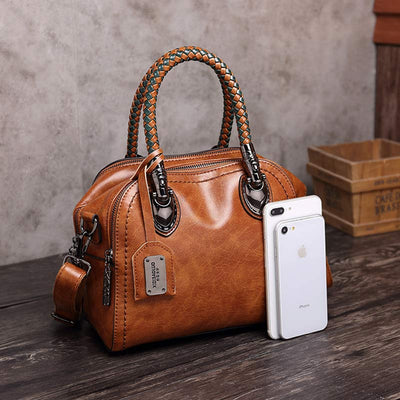 Vintage Leather Satchel Handbags Top-Handle Bag with Cross Body Strap