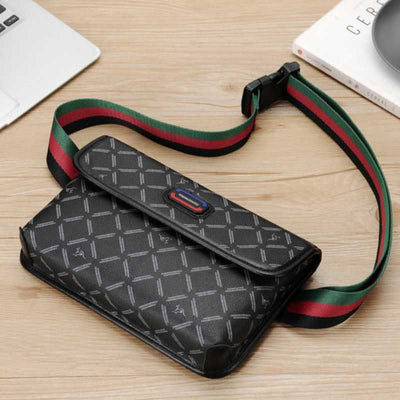 Men Leather Sling Bag Black Plaid Crossbody Bag Chest Shoulder Pack