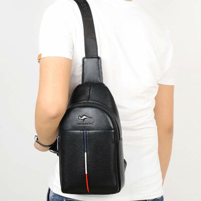 Men's Leather Sling Bag One Shoulder Backpack with USB Charging Port